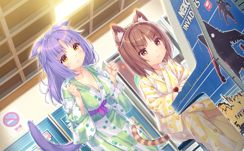 2girls, alternate_hairstyle, animal_ear_fluff, animal_ears, azuki_(nekopara), brown_eyes, brown_hair, cat_ears, cat_girl, cat_tail, cinnamon_(nekopara), frown, game_cg, green_yukata, hair_down, highres, indoors, japanese_clothes, kimono, multiple_girls, nekopara, playing_games, playing_video_games, purple_hair, sayori_(neko_works), seigaiha, slit_pupils, striped_tail, tail, yellow_eyes, yellow_yukata, yukata
