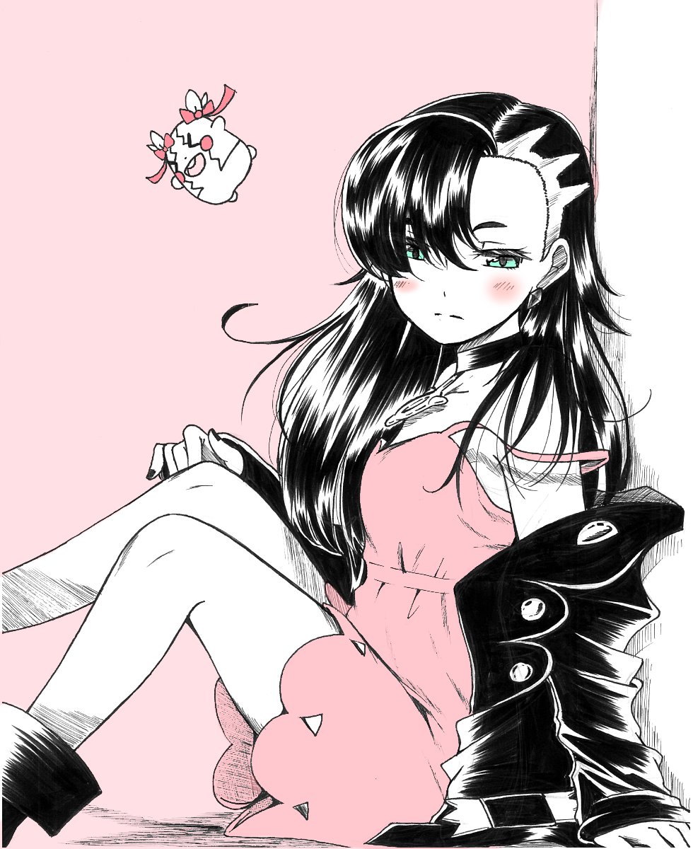 1girl, alternate_hair_length, alternate_hairstyle, ankle_boots, asymmetrical_bangs, black_choker, black_footwear, black_hair, black_jacket, black_nails, blush, boots, choker, closed_mouth, commentary_request, dress, emapippi, gen_8_pokemon, green_eyes, hair_down, highres, jacket, long_hair, long_sleeves, marnie_(pokemon), morpeko, morpeko_(full), nail_polish, nintendo, open_clothes, open_jacket, pink_dress, pokemon, pokemon_(creature), pokemon_sword_and_shield, sitting, strap_slip, unfinished