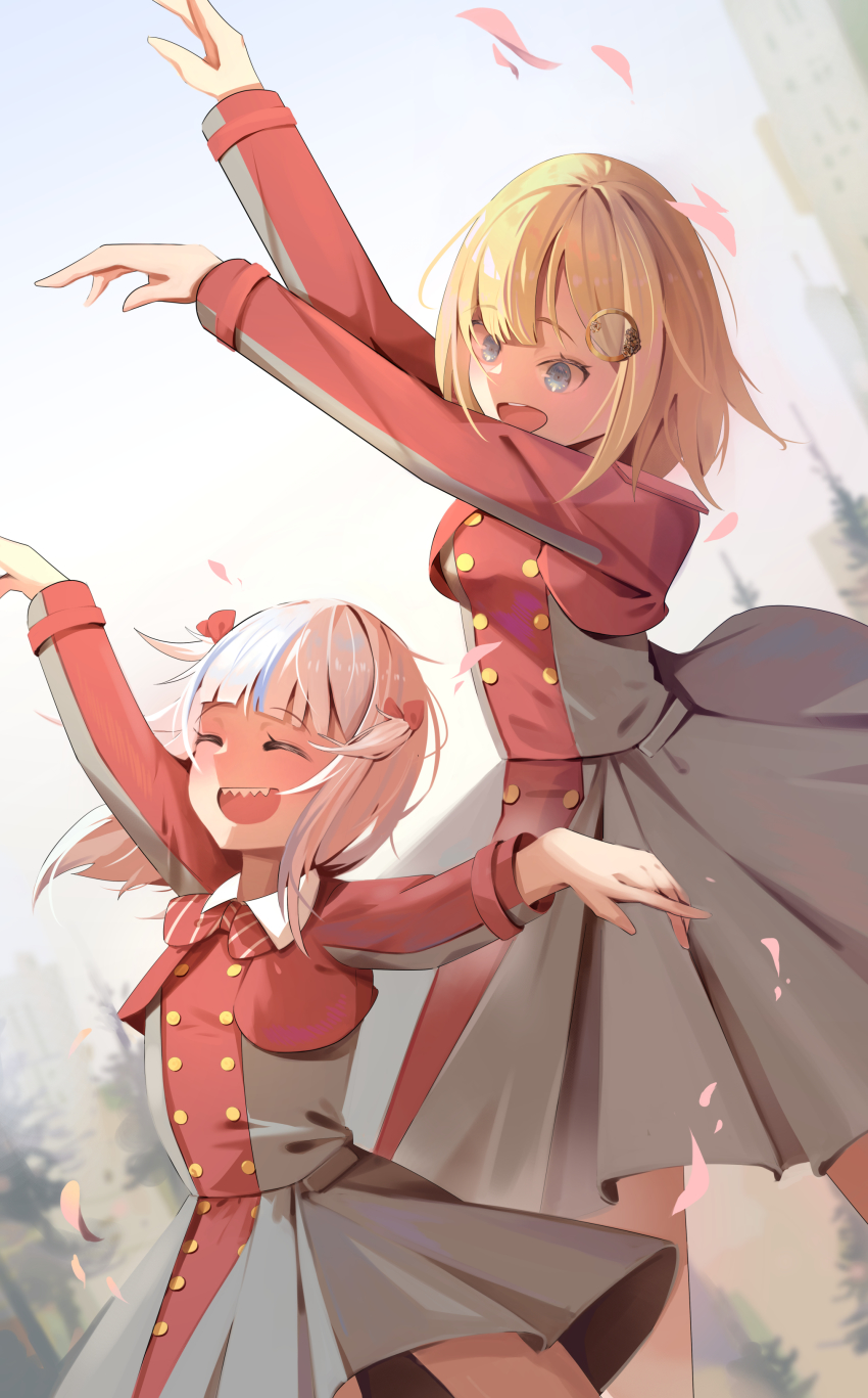 2girls, ^_^, absurdres, alternate_costume, blue_eyes, blue_hair, blunt_bangs, bow