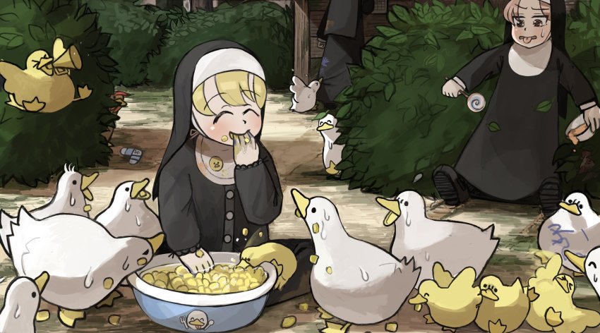 >_<, 3girls, ^_^, aged_down, baby, baby_animal, basin, bib