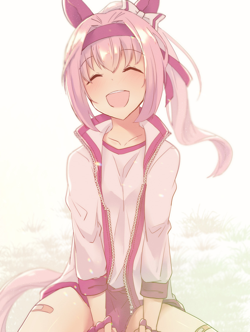 1girl, absurdres, animal_ears, bandaid, bandaid_on_leg, bow, buruma, closed_eyes