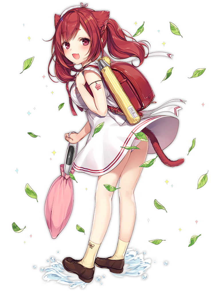 1girl, :d, alternate_costume, animal_ears, animal_print, ass, azur_lane, back-print_panties, backpack, bag, blush, cat_ears, cat_print_panties, cat_tail, closed_umbrella, fang, full_body, holding, holding_strap, holding_umbrella, i-19_(azur_lane), i-19_(departure's_gentle_breeze)_(azur_lane), komeshiro_kasu, loafers, long_hair, looking_at_viewer, official_art, open_mouth, panties, pantyshot, print_panties, randoseru, red_eyes, red_hair, shoes, smile, socks, solo, standing, tail, transparent_background, twintails, umbrella, underwear, white_panties, yellow_socks