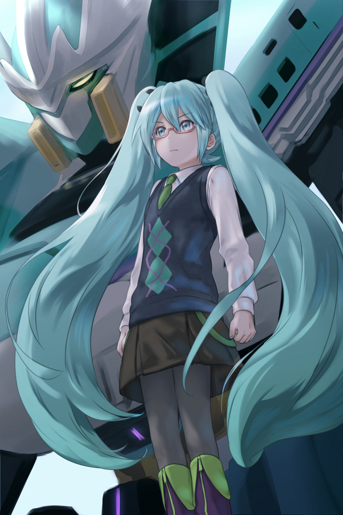1girl, black_leggings, black_skirt, blue_eyes, blue_hair, clenched_hands, collared_shirt, flat_chest, glasses, glowing, glowing_eye, h5_hayabusa_(shinkalion), hair_behind_ear, hatsune_miku_(shinkalion), leggings, mecha, robot, science_fiction, shinkalion_(series), shinkansen_henkei_robo_shinkalion, shirt, skirt, solo, tukune, twintails, v-shaped_eyebrows, vest, white_shirt, yellow_eyes