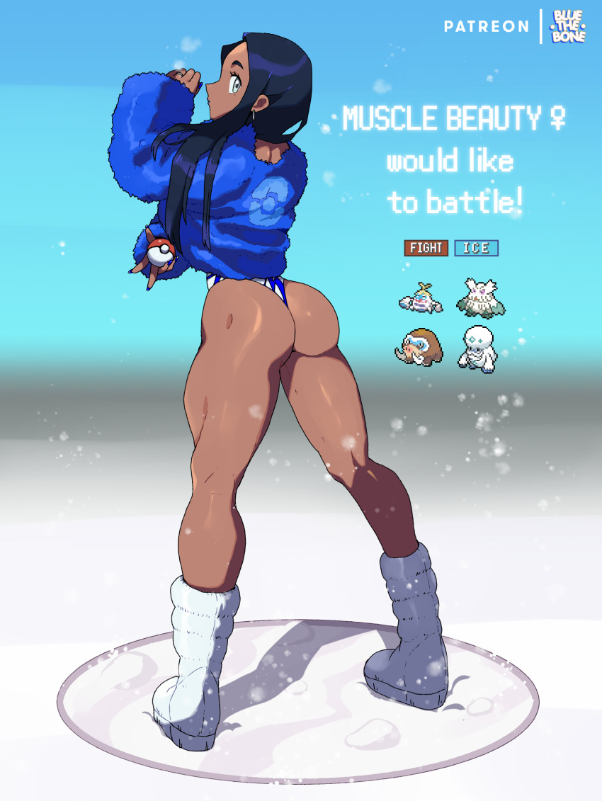 1girl, abomasnow, artist_name, ass, black_hair, blue_jacket, bluethebone, boots, commentary, crabominable, dark-skinned_female, dark_skin, earrings, english_commentary, english_text, eyelashes, full_body, fur_jacket, galarian_darmanitan, galarian_form, gen_4_pokemon, gen_7_pokemon, gen_8_pokemon, grey_eyes, highres, holding, holding_poke_ball, jacket, jewelry, kneepits, long_hair, long_sleeves, looking_back, mamoswine, muscular, muscular_female, nessa_(pokemon), nintendo, poke_ball, poke_ball_(basic), poke_ball_print, pokemon, pokemon_(creature), snow, standing, venus_symbol, white_footwear