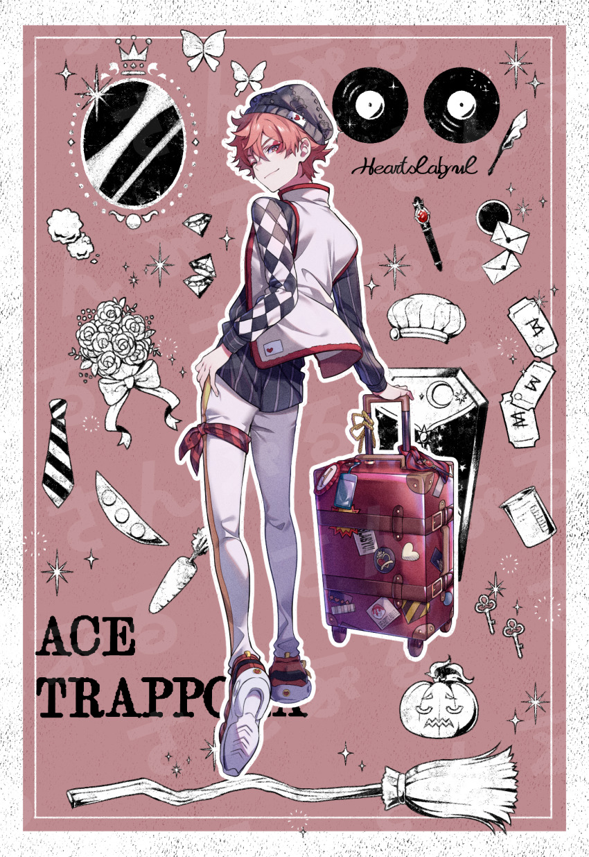 1boy, ace_(playing_card), ace_of_hearts, ace_trappola, alternate_costume, argyle, asymmetrical_sleeves, award_ribbon