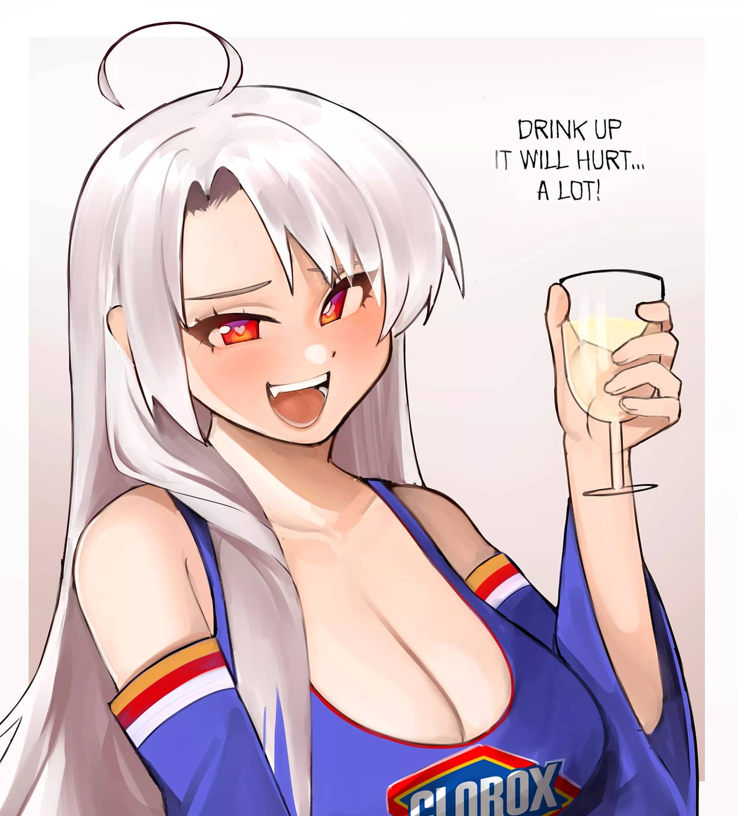 1girl, :d, ahoge, arms_behind_back, artist_name, bare_shoulders, bleach_(chemical), blue_dress, blush, breasts, cleavage, clorox, clorox-chan, collarbone, commentary, cup, dress, drinking_glass, english_commentary, english_text, eyelashes, eyes_visible_through_hair, hand_up, heart, heart-shaped_pupils, highres, holding, holding_cup, kumaartsu, large_breasts, logo, long_hair, looking_at_viewer, open_mouth, original, personification, red_eyes, redrawn, simple_background, smile, solo, speech_bubble, symbol-shaped_pupils, upper_body, white_background, white_hair