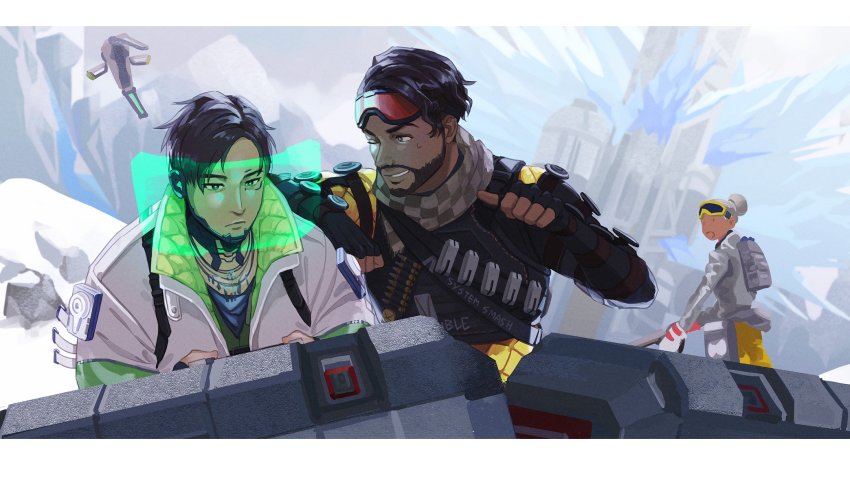 1girl, 2boys, 2gou, apex_legends, black_gloves, black_hair, commission, crypto_(apex_legends)