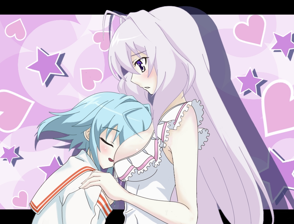 00s, 2girls, between_breasts, blue_hair, breast_smother, breasts, closed_eyes, head_between_breasts