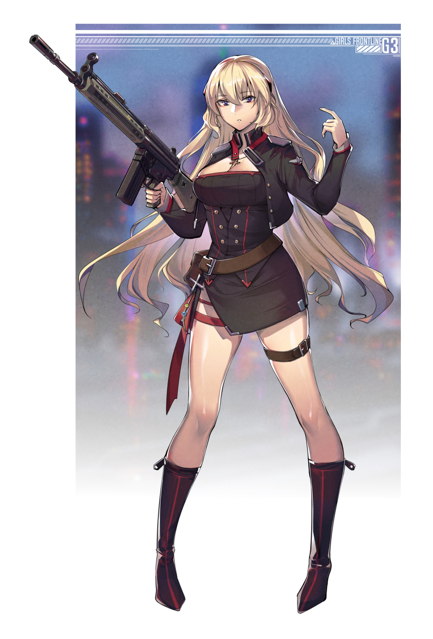 1girl, absurdres, battle_rifle, belt, black_boots, black_jacket, blonde_hair, boots