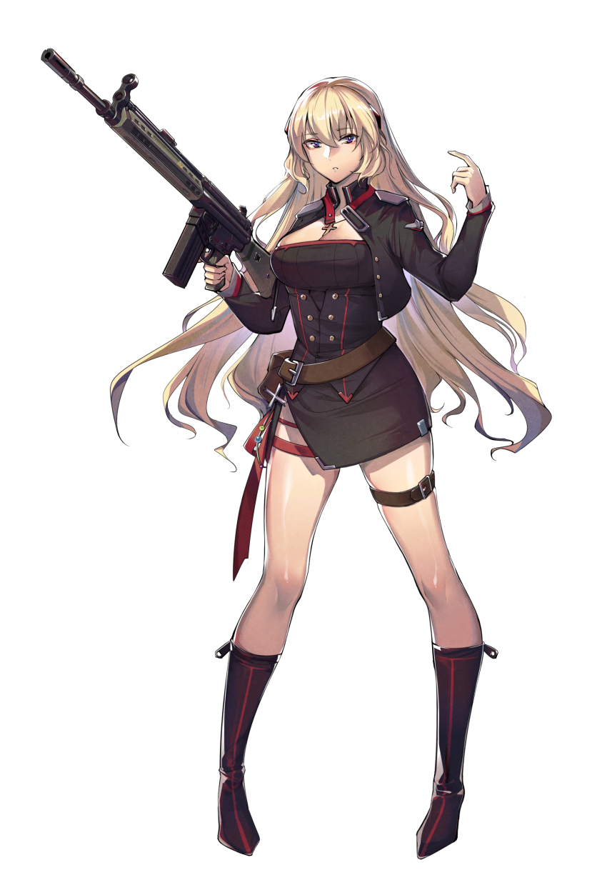 1girl, absurdres, battle_rifle, belt, black_boots, black_jacket, blonde_hair, boots