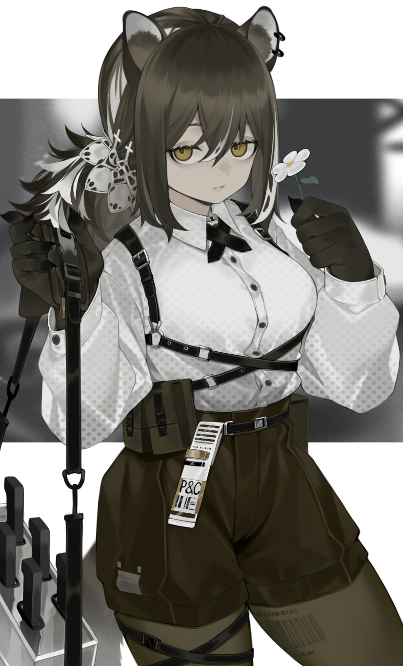 1girl, animal_ears, animal_hands, arknights, barcode, black_gloves, black_neckwear, brown_eyes