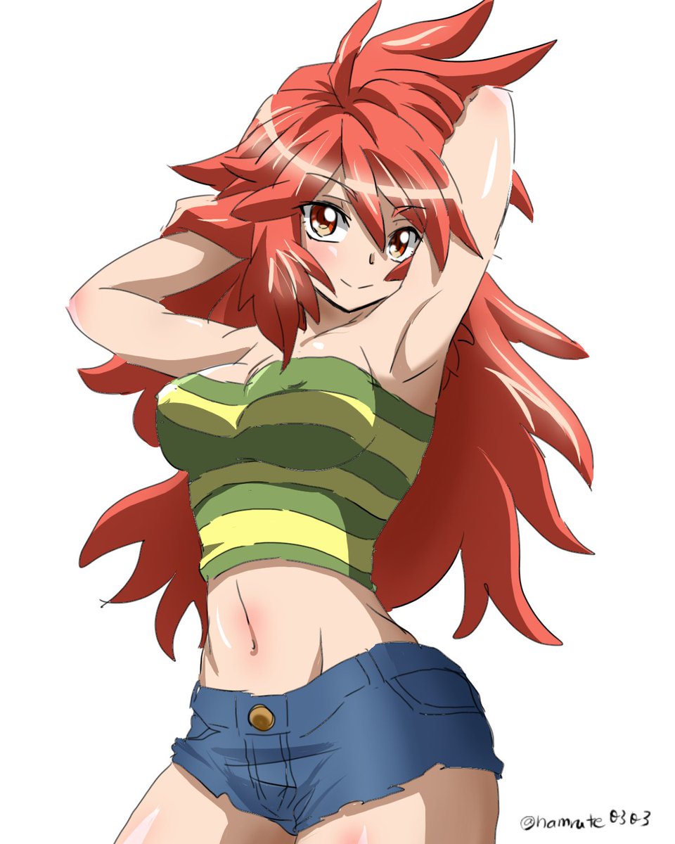 1girl, amou_kanade, armpits, arms_behind_head, arms_up, blue_shorts, blush, breasts, cowboy_shot, green_shirt, hand_in_own_hair, highres, long_hair, looking_at_viewer, medium_breasts, midriff, namrute0303, orange_eyes, red_eyes, senki_zesshou_symphogear, shiny_skin, shirt, shorts, signature, simple_background, smile, solo, strapless, striped_clothes, striped_shirt, tube_top, white_background