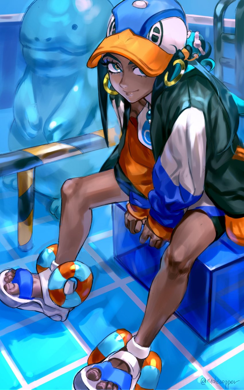 1girl, alternate_costume, bad_id, bad_twitter_id, bike_shorts, black_hair, blue_eyes, blue_eyeshadow