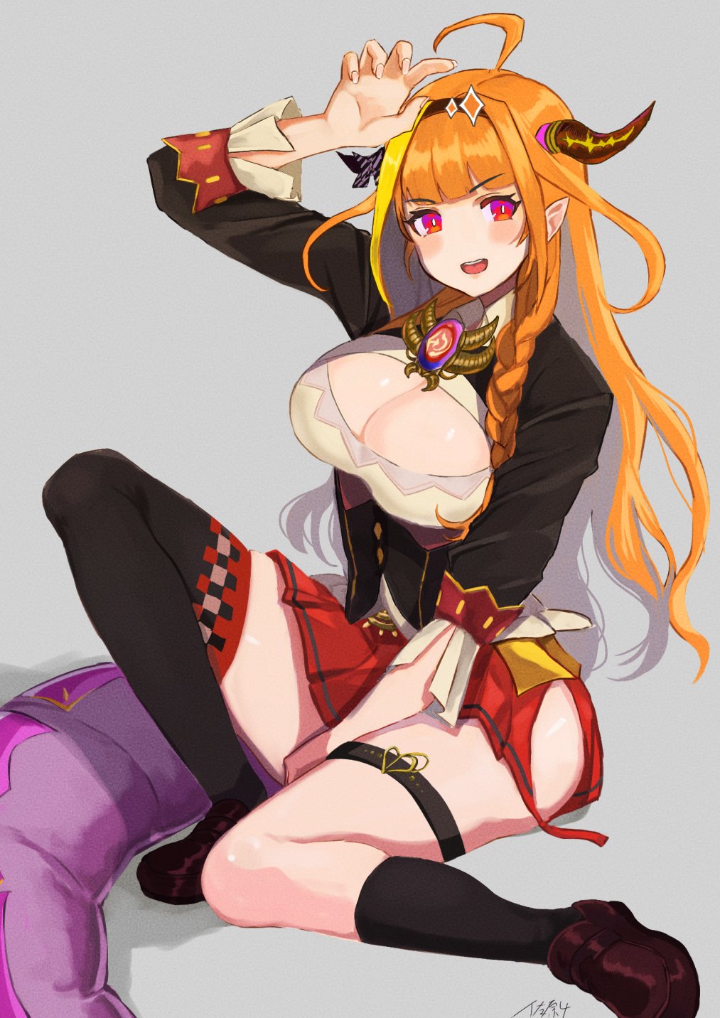 1girl, ahoge, arm_up, asymmetrical_legwear, bad_id, bad_twitter_id, black_hairband, black_jacket