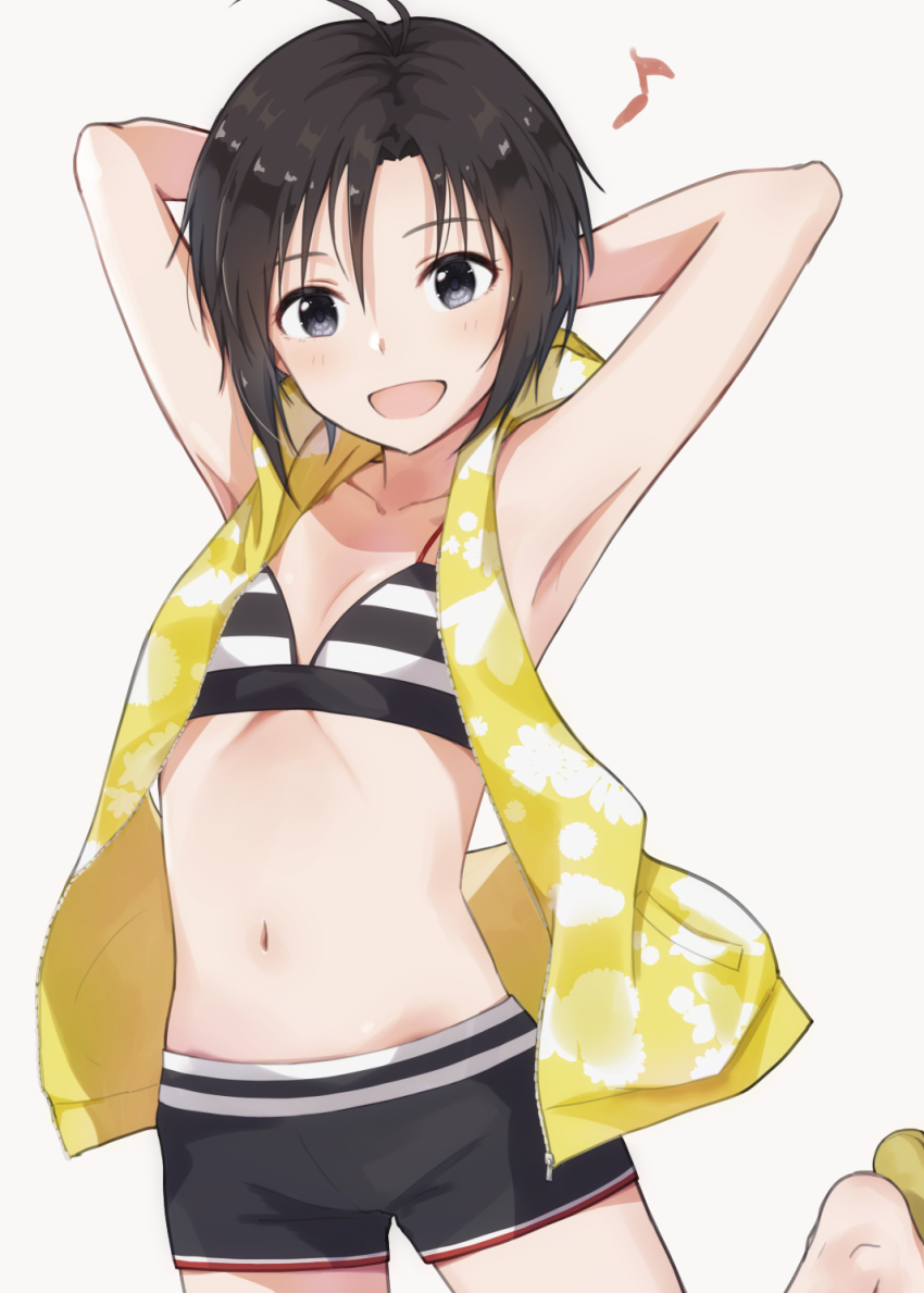 1girl, antenna_hair, armpits, arms_behind_head, bikini, bikini_top_only, black_hair, commentary