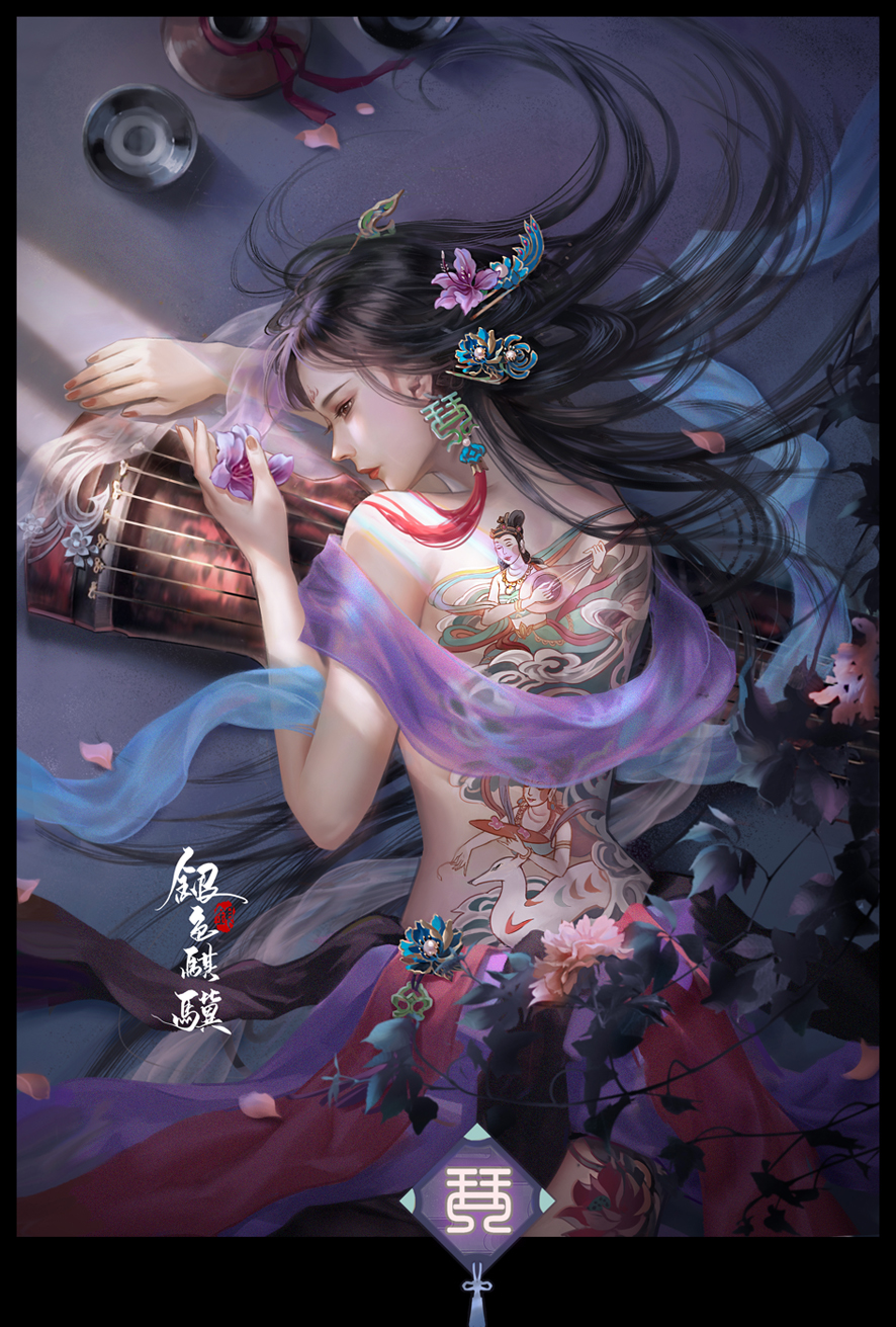 1girl, back_tattoo, black_border, black_hair, border, bowl, brown_eyes, flower