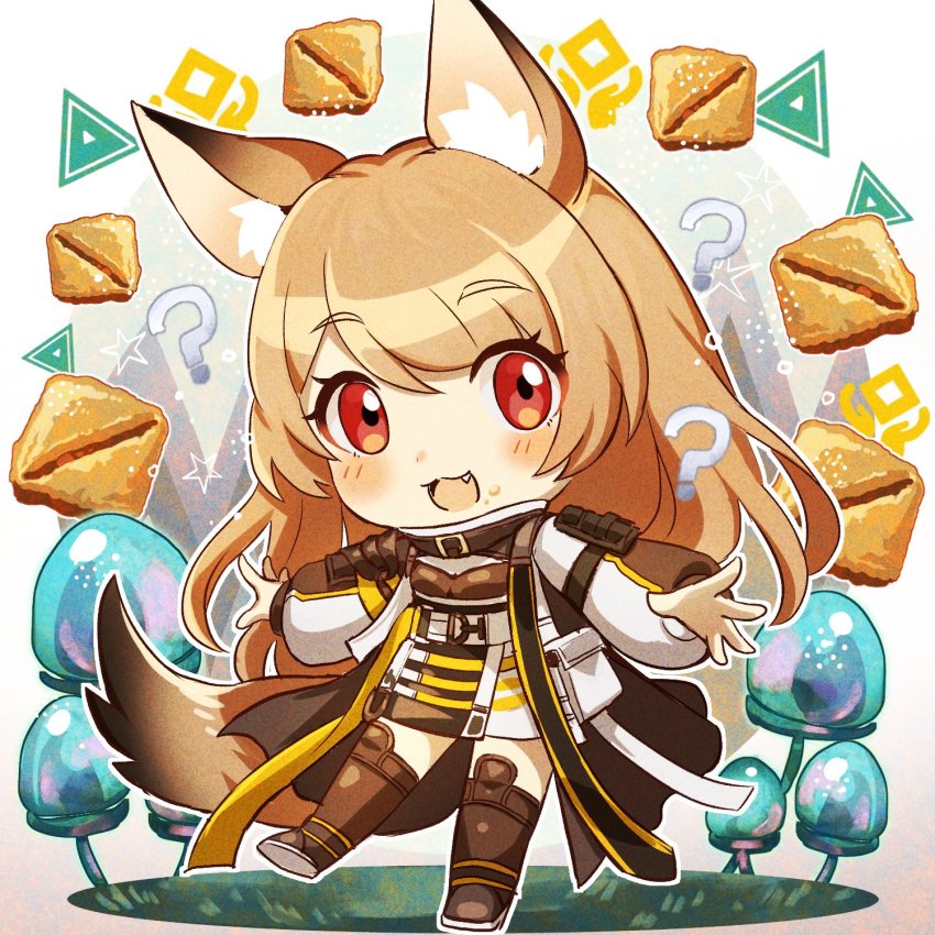 1girl, :d, ?, animal_ear_fluff, animal_ears, arknights, baklava, blush