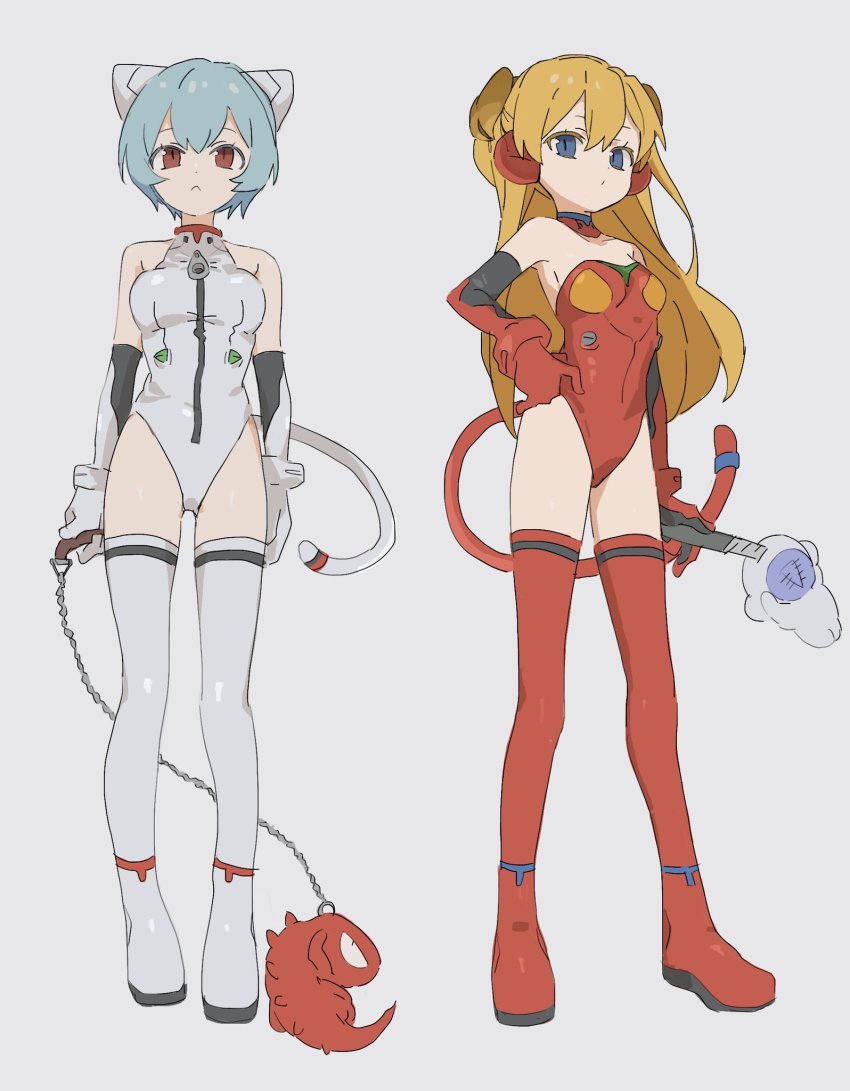2girls, adapted_costume, ayanami_rei, bare_shoulders, blue_eyes, blue_hair, boots, breasts