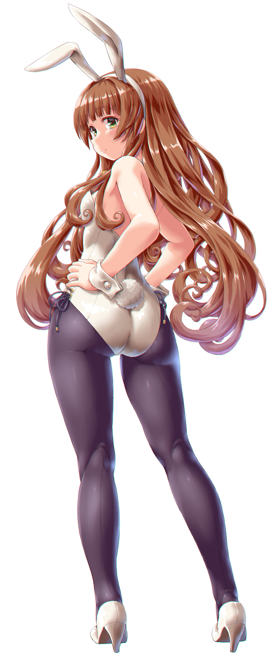 1girl, alternate_costume, animal_ears, ass, bare_arms, bare_shoulders, black_pantyhose, blush, breasts, brown_hair, contrapposto, dd_(ijigendd), detached_collar, fake_animal_ears, fake_tail, from_behind, full_body, green_eyes, green_hair, hands_on_own_hips, helena_(kancolle), high_heels, highres, kantai_collection, leotard, light_smile, long_hair, looking_at_viewer, looking_back, pantyhose, playboy_bunny, rabbit_ears, rabbit_tail, seamed_legwear, shiny_clothes, simple_background, small_breasts, smile, solo, standing, strapless, strapless_leotard, tail, very_long_hair, white_background, wrist_cuffs