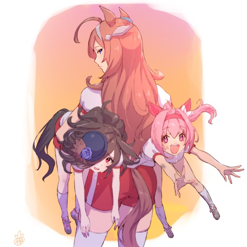 3girls, animal_ears, blue_eyes, blue_flower, blue_headwear, blue_rose, brown_hair, carrying