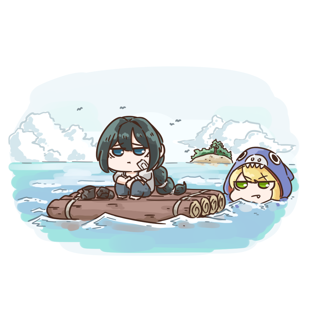 2girls, alternate_costume, animal_costume, annoyed, blonde_hair, blue_eyes, chibi, closed_mouth, cloud, dimension_traveler_catherine, forgemod1oader, grand_admiral_marina, green_eyes, guardian_tales, island, multiple_girls, multiple_views, shark_costume, water