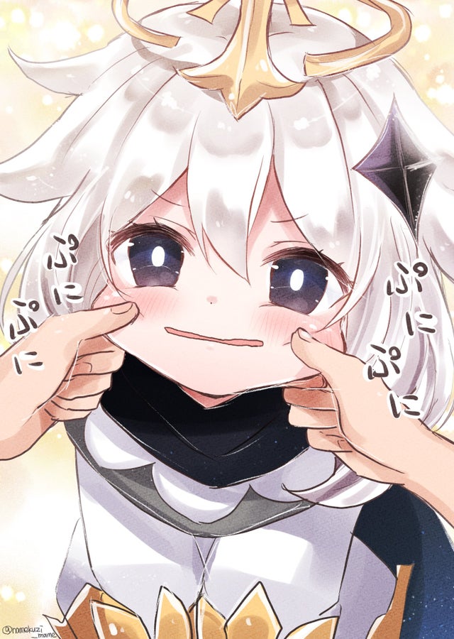 1girl, blush, bright_pupils, cheek_pinching, cheek_pull, frown, genshin_impact, hair_ornament