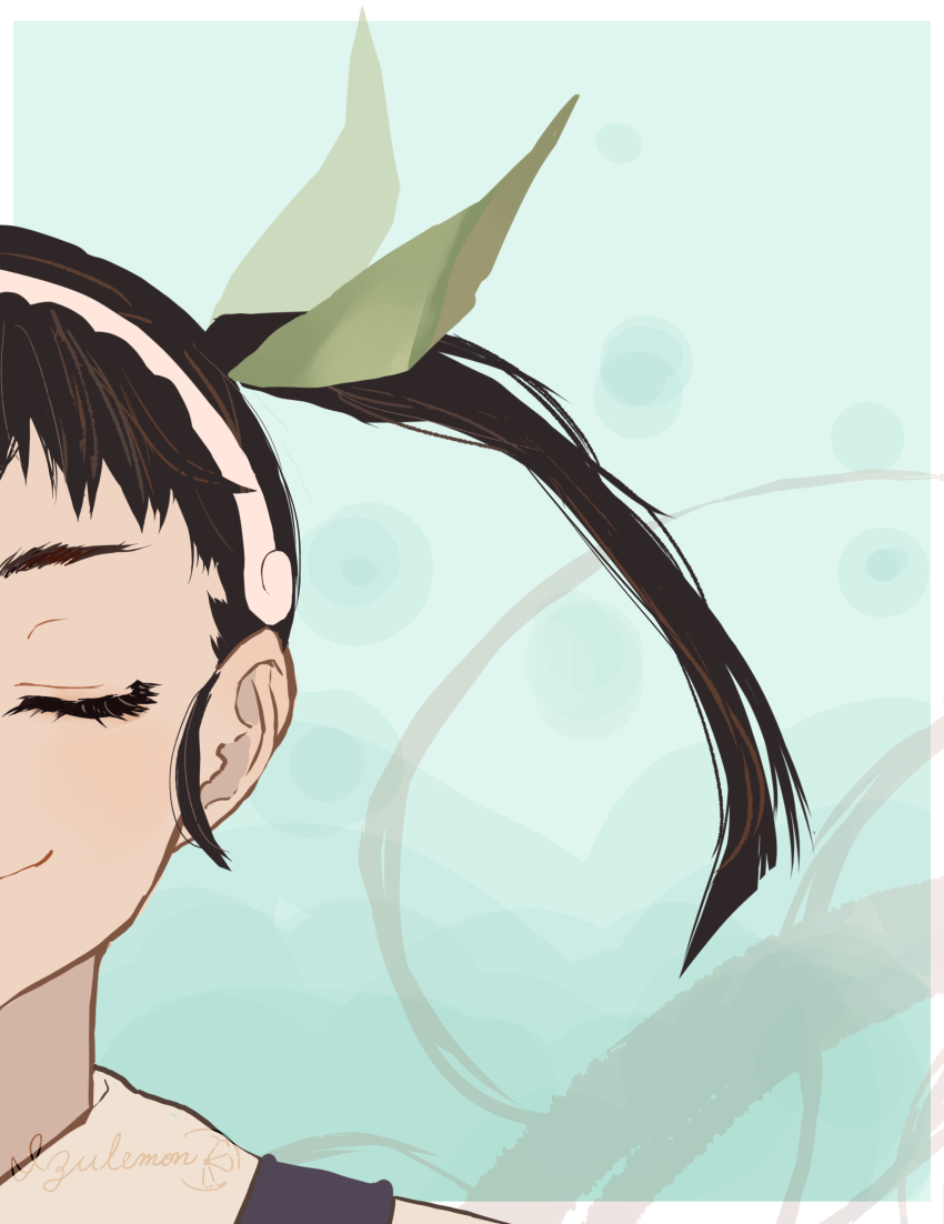 1girl, absurdres, artist_name, bakemonogatari, brown_hair, closed_eyes, hachikuji_mayoi, hair_ribbon, highres, izu_lemon, monogatari_(series), ribbon, smile, solo, twintails