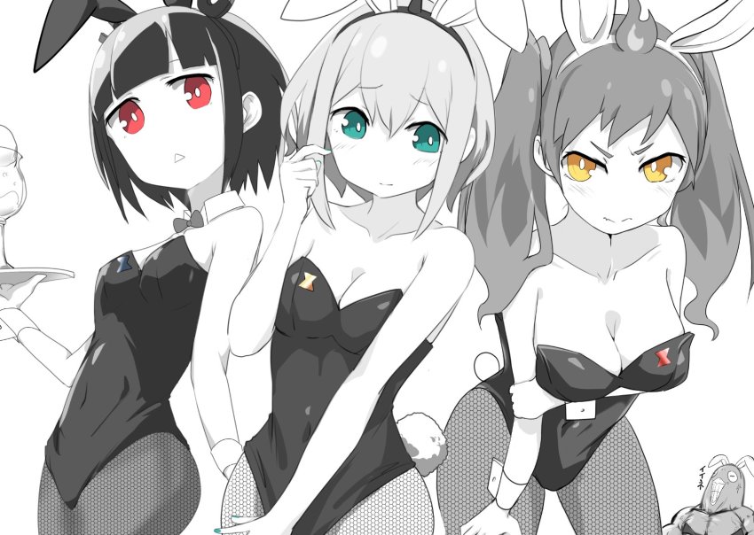 3girls, aimusu, amano_pikamee, animal_ears, annoyed, bird, black_hairband, bow, bowtie, breasts, cleavage, detached_collar, embarrassed, fake_animal_ears, fire, fishnets, gyari_(bird), hair_behind_ear, hairband, head_tilt, highres, hikasa_tomoshika, holding, holding_tray, jitomi_monoe, laughing, leaning_forward, looking_at_viewer, looking_down, looking_to_the_side, medium_breasts, monochrome, multiple_girls, pantyhose, playboy_bunny, rabbit_ears, rabbit_tail, small_breasts, spot_color, tail, tray, virtual_youtuber, voms, wrist_cuffs