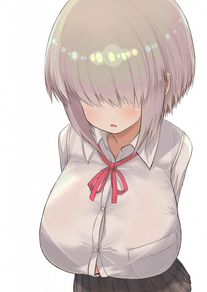 arms_behind_back, breasts, button_gap, covered_eyes, hair_over_eyes, huge_breasts, mikasayaki, open_mouth, shirt, short_hair, skirt, uzaki-chan_wa_asobitai!, uzaki_yanagi, white_background, white_hair, white_shirt