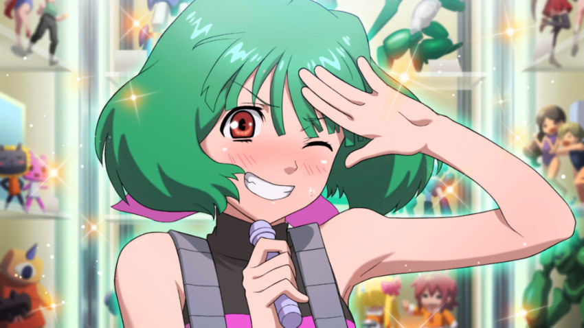 1girl, armpits, game_cg, green_hair, grin, holding, holding_microphone, macross