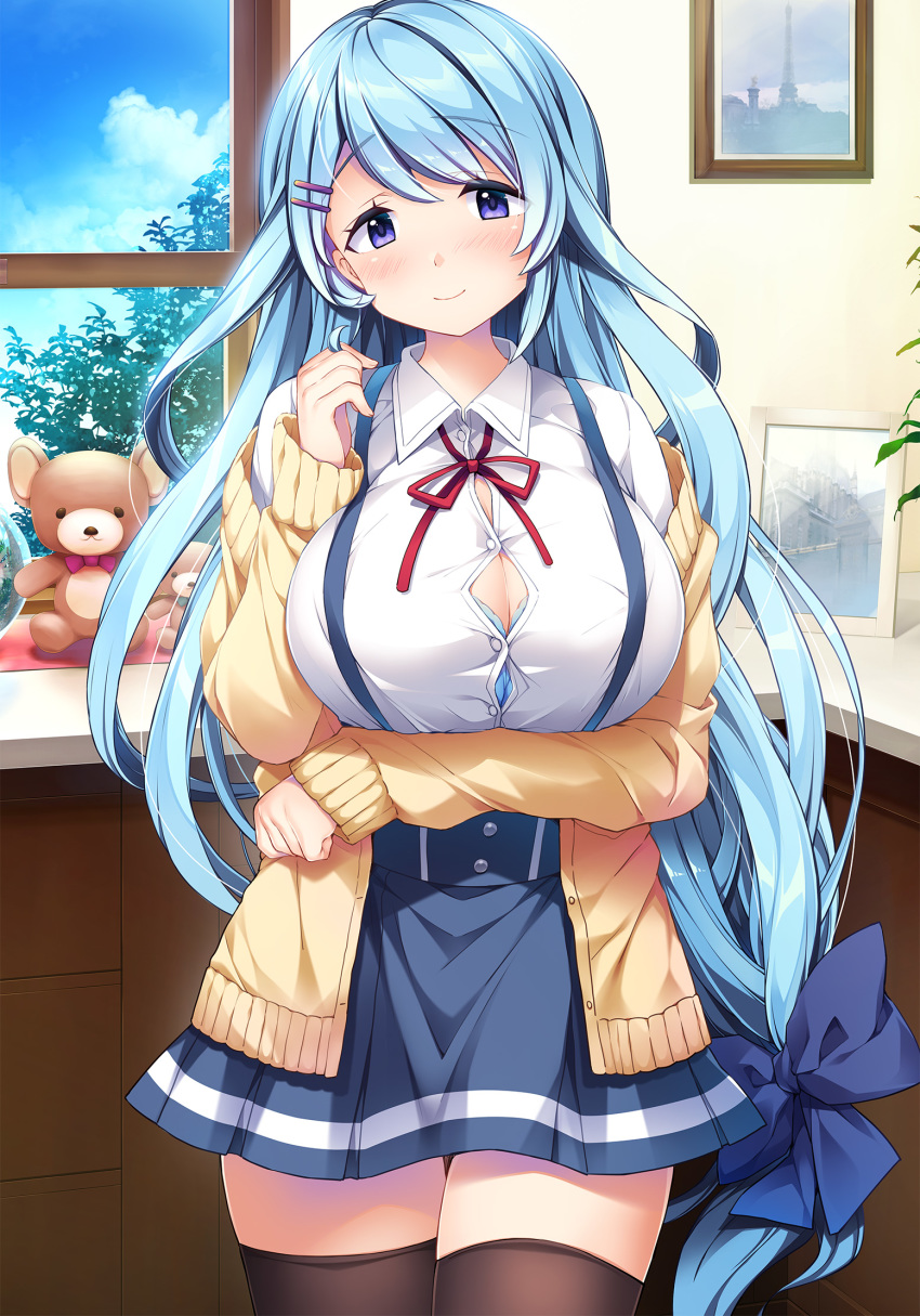 1girl, arm_under_breasts, black_thighhighs, blue_bow, blue_bra, blue_hair, blue_skirt, blue_sky
