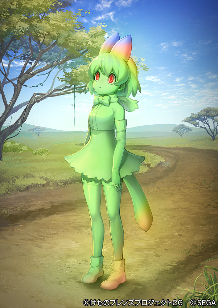 1girl, animal_ears, bare_shoulders, blonde_hair, blue_sky, bow, bowtie, cellval, colored_skin, commentary_request, ctake02, dirt_road, elbow_gloves, gloves, grass, green_bow, green_bowtie, green_gloves, green_hair, green_shirt, green_skin, green_skirt, green_thighhighs, high-waist_skirt, kemono_friends, kemono_friends_3, multicolored_hair, official_art, red_eyes, ringed_eyes, road, serval_tail, shirt, short_hair, skirt, sky, sleeveless, solo, tail, thighhighs, tree, zettai_ryouiki
