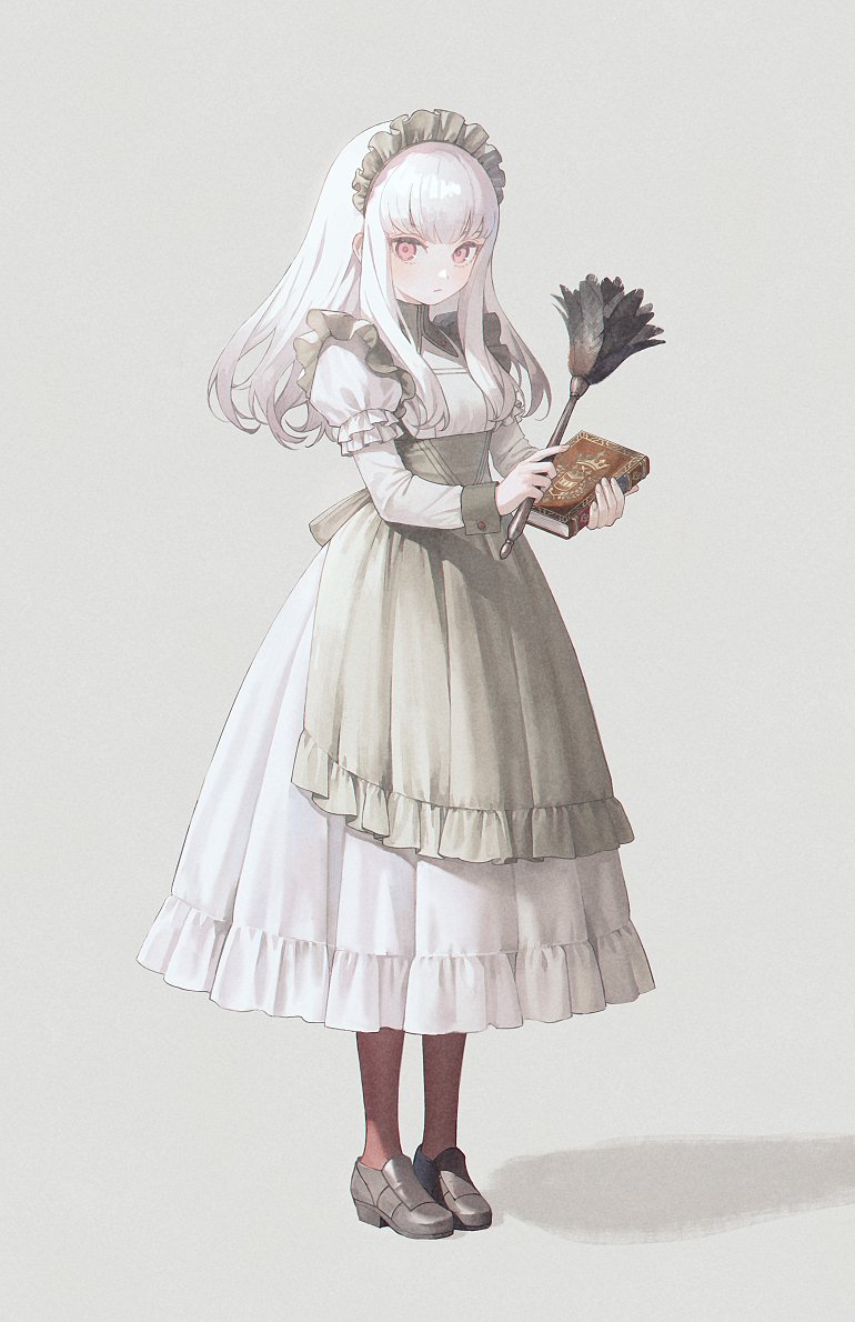 1girl, 21_(nijuichinichi), albino, alternate_costume, apron, black_apron, black_shoes, book, closed_mouth, dress, duster, enmaided, feather_duster, fire_emblem, fire_emblem:_three_houses, frilled_apron, frilled_sleeves, frills, full_body, grey_background, holding, holding_book, juliet_sleeves, long_hair, long_sleeves, looking_at_viewer, lysithea_von_ordelia, maid, maid_headdress, nintendo, pink_eyes, puffy_sleeves, red_legwear, shoes, sidelocks, silver_hair, simple_background, solo, standing, white_dress