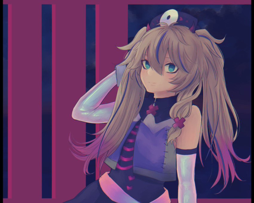 1girl, absurdres, bandaid, bare_shoulders, black_dress, blonde_hair, blue_eyes, blue_hair