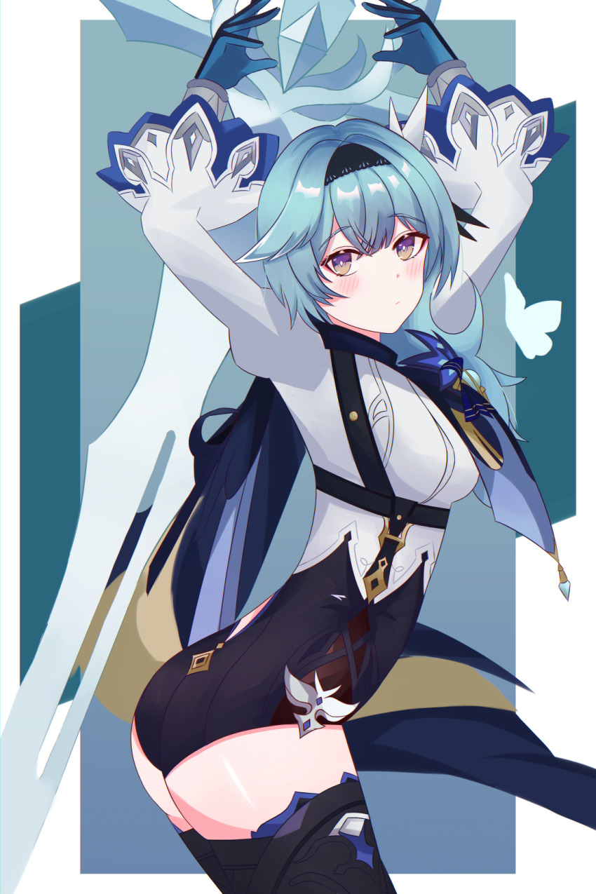 1girl, aqua_hair, ass, blush, breasts, brown_eyes, cape, comog