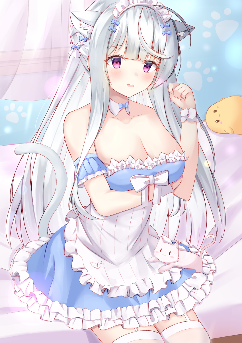 1girl, absurdres, aihara_kazushi, animal_ears, apron, azur_lane, blue_dress, breasts, cat, cat_ears, cat_tail, cleavage, collar, cygnet_(an_offer_to_be_maid)_(azur_lane), cygnet_(azur_lane), detached_collar, dress, frilled_apron, frilled_dress, frills, gaiters, highres, indoors, large_breasts, long_hair, maid, maid_apron, manjuu_(azur_lane), official_alternate_costume, purple_eyes, sitting, solo, strapless, strapless_dress, tail, thighhigh_gaiters, thighhighs, white_apron, white_cat, white_collar, white_hair
