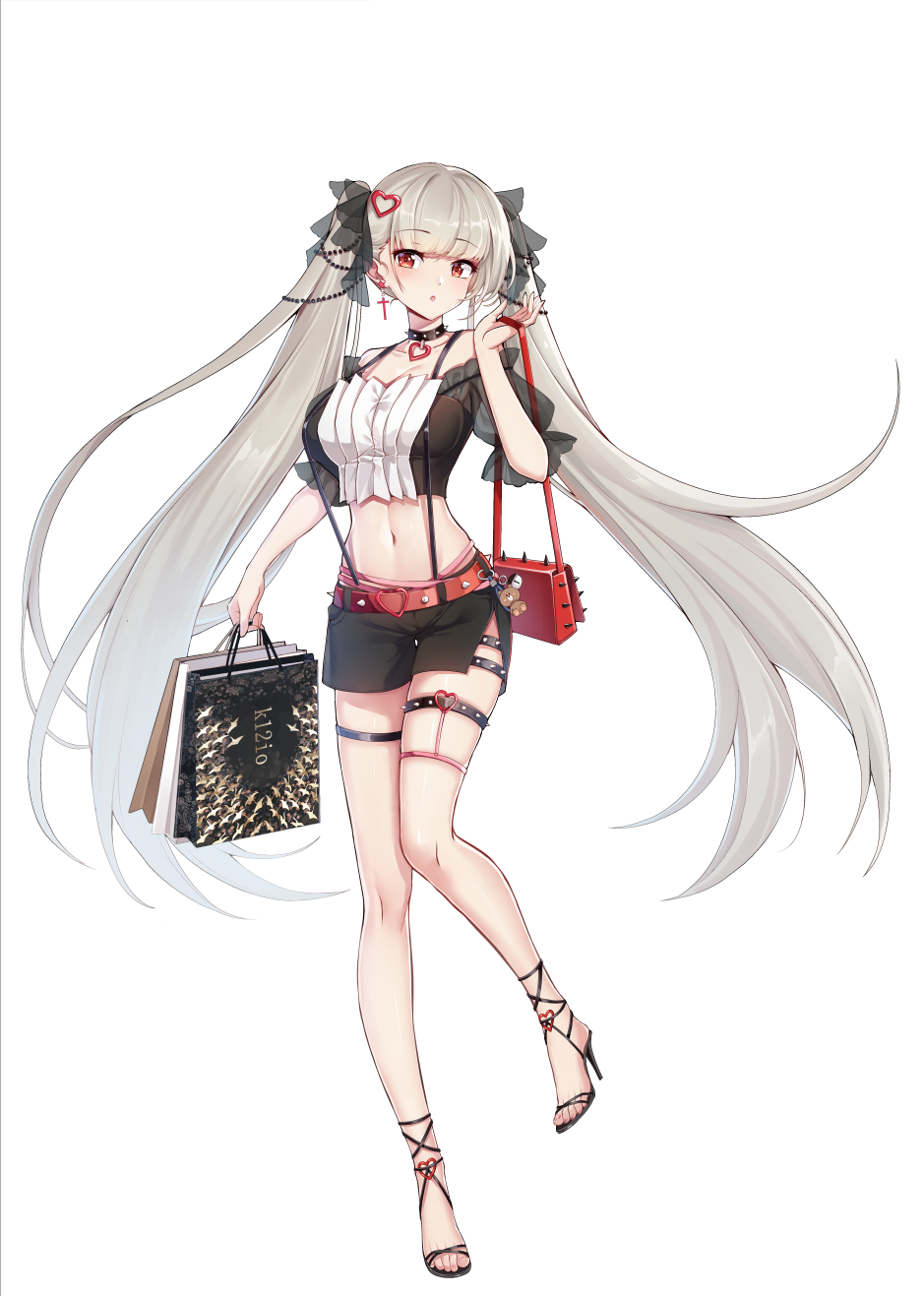 1girl, alternate_costume, azur_lane, bag, black_footwear, black_ribbon, black_shorts, cross