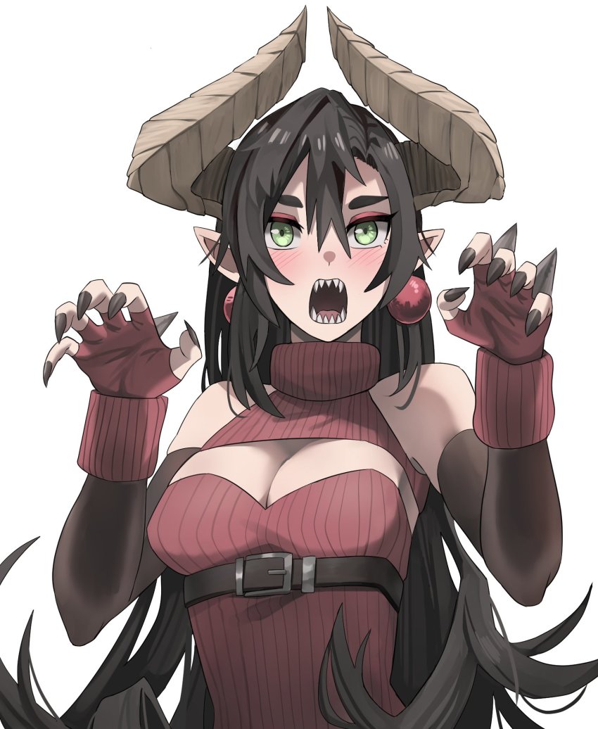 1girl, bad_id, bad_twitter_id, belt_bra, black_hair, black_sleeves, blush, breasts