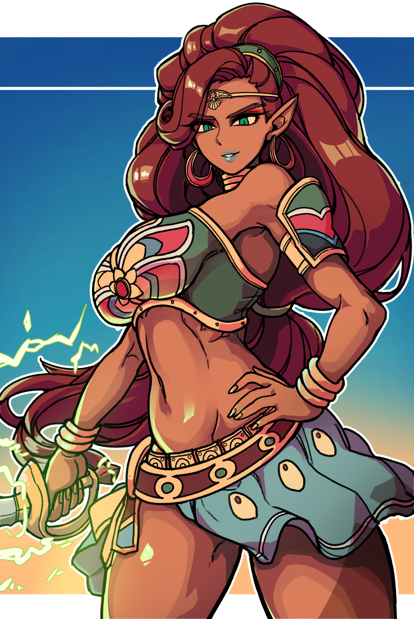 1girl, absurdres, armor, belt, big_hair, blue_lips, blue_skirt, bracelet, breastplate, breasts, brown_hair, circlet, cutlass, dark_skin, dark-skinned_female, earrings, electricity, eyeshadow, fingernails, gerudo, green_eyes, hand_on_own_hip, highres, holding, holding_sword, holding_weapon, hoop_earrings, jewelry, large_breasts, letterboxed, long_hair, looking_at_viewer, makeup, masgamjya, navel, neck_ring, nintendo, pointy_ears, red_eyeshadow, shoulder_armor, side_slit, skirt, solo, standing, sword, the_legend_of_zelda, the_legend_of_zelda:_breath_of_the_wild, thick_thighs, thighs, toned, urbosa, very_long_hair, weapon