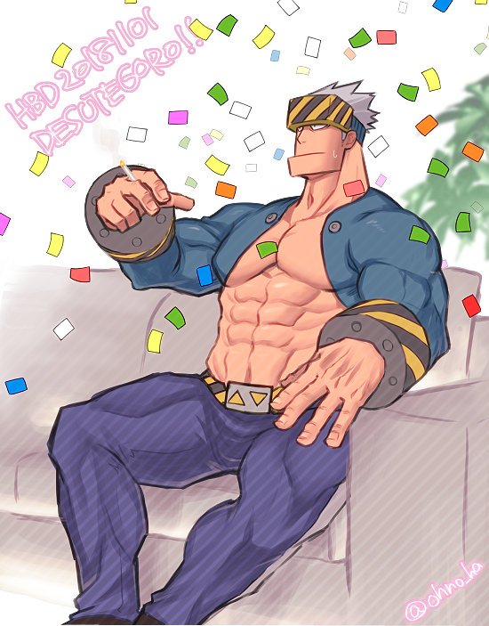 1boy, abs, bara, bare_pectorals, boku_no_hero_academia, bulge, confetti, couch