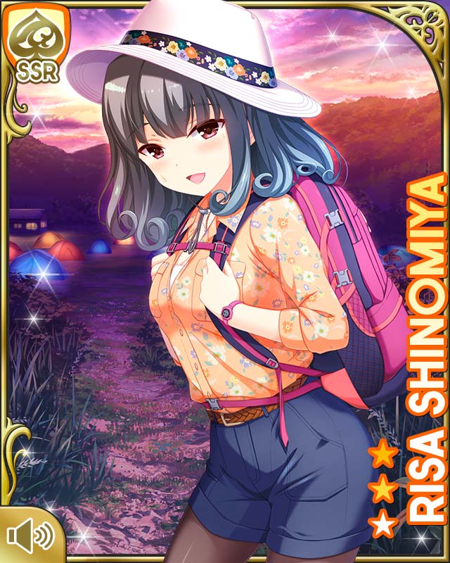 1girl, :d, blue_shorts, brown_eyes, campsite, card_(medium), character_name, day, girlfriend_(kari), green_hair, hat, jewelry, leggings, nature, official_art, open_mouth, orange_shirt, outdoors, pointing, qp:flapper, shinomiya_risa, shirt, shorts, smile, standing, sunset, tagme