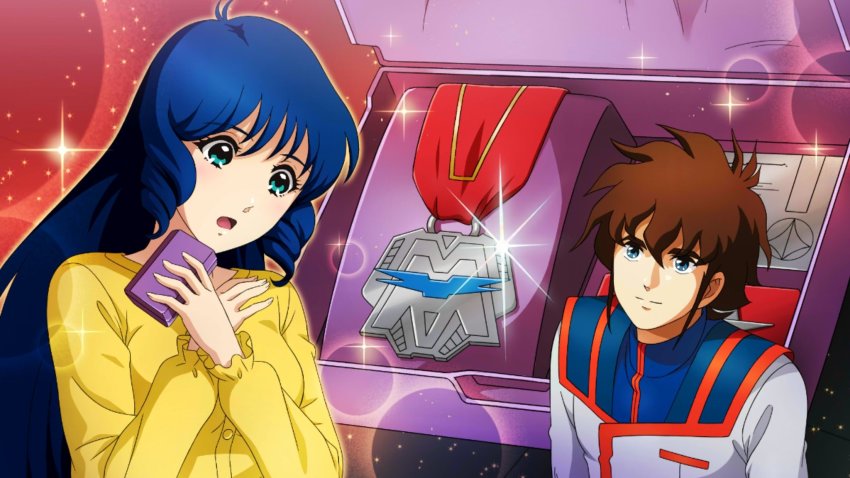 1boy, 1girl, birthday, blue_hair, brown_hair, choujikuu_yousai_macross, couple, gift