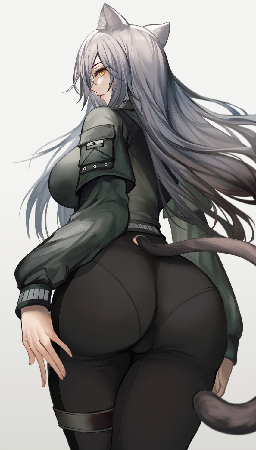 1girl, animal_ear_fluff, animal_ears, arknights, ass, black_pants, breasts, cat_ears, cat_girl, cat_tail, commentary_request, from_behind, highres, huge_ass, kacyu, large_breasts, long_hair, looking_at_viewer, looking_back, official_alternate_costume, pants, schwarz_(arknights), schwarz_(skyline)_(arknights), silver_hair, solo, tail, thighs, white_background, yellow_eyes