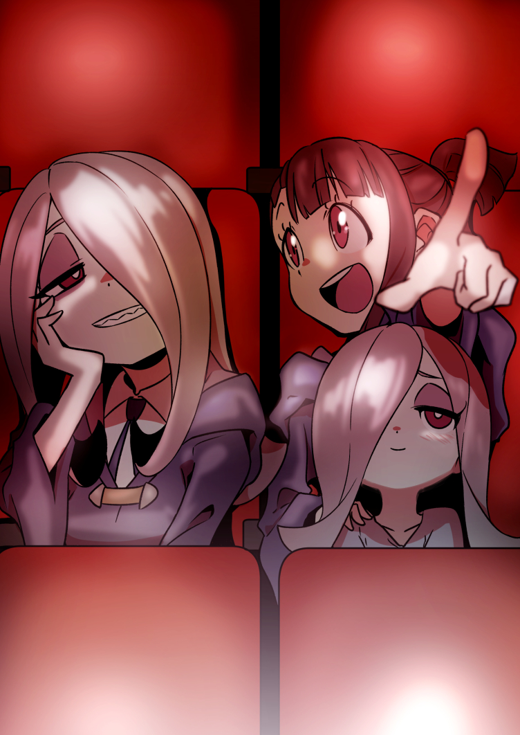 3girls, blunt_bangs, brown_hair, chair, commentary_request, dual_persona, enoki-kou, eyeshadow