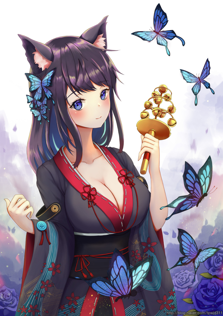 1girl, absurdres, animal_ear_fluff, animal_ears, azur_lane, black_kimono, black_sash, blue_butterfly, blue_eyes, blue_flower, blue_rose, breasts, bug, butterfly, cat_ears, cleavage, flower, fusou_(azur_lane), highres, japanese_clothes, jeong_siot, kimono, large_breasts, long_hair, looking_at_viewer, purple_hair, rose, sash, solo, wide_sleeves