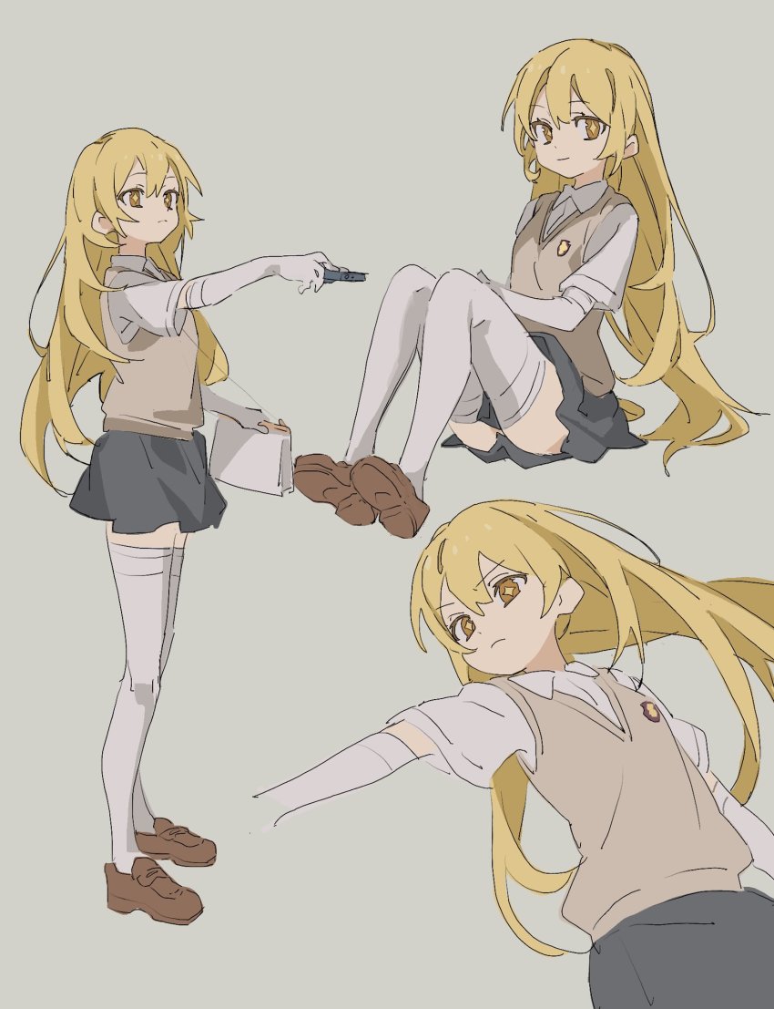 1girl, aged_down, arm_up, bag, blonde_hair, breasts, brown_footwear, brown_sweater_vest, commentary, controller, dress_shirt, elbow_gloves, expressionless, furrowed_brow, gloves, grey_background, grey_skirt, hair_between_eyes, handbag, highres, holding, holding_bag, holding_controller, holding_remote_control, if959u, knees_up, light_frown, light_smile, loafers, long_hair, looking_at_viewer, multiple_persona, on_ground, pleated_skirt, reaching, reaching_towards_viewer, remote_control, school_uniform, shirt, shoes, shokuhou_misaki, sitting, skirt, small_breasts, sparkling_eyes, sweater_vest, thighhighs, toaru_kagaku_no_railgun, toaru_majutsu_no_index, tokiwadai_school_uniform, v-neck, very_long_hair, white_gloves, white_shirt, white_thighhighs, yellow_eyes, zettai_ryouiki