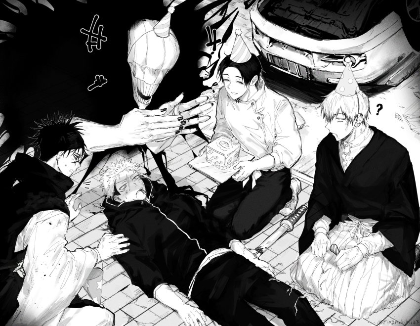 4boys, ?, ^_^, birthday, birthday_cake, black_jacket, black_nails, blood, blood_on_face, broken, broken_weapon, cake, car, choso_(jujutsu_kaisen), closed_eyes, earrings, food, greyscale, hakama, hakama_skirt, hat, highres, itadori_yuji, jacket, japanese_clothes, jewelry, jujutsu_kaisen, lying, male_focus, monochrome, monster, motor_vehicle, multiple_boys, nail_polish, okkotsu_yuta, on_back, on_ground, orimoto_rika, outstretched_arms, own_hands_together, parted_lips, party_hat, pingkikiki123, scar, scar_on_face, short_hair, sitting, skirt, smile, sound_effects, spoilers, sword, tattoo, teeth, weapon, zenin_naoya