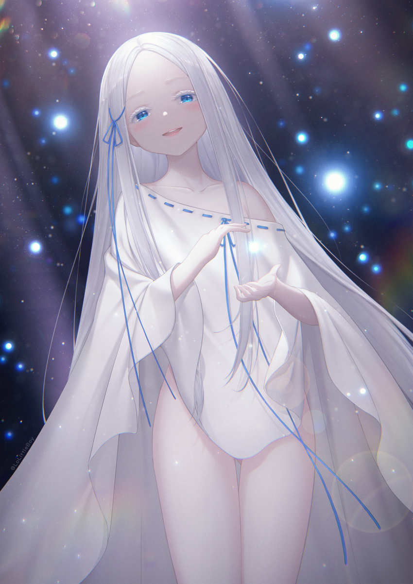 1girl, :d, absurdres, blue_eyes, blue_ribbon, blush, collarbone, colored_eyelashes, cowboy_shot, dress, hair_ribbon, highres, lens_flare, lolittleboy, long_hair, looking_at_viewer, off_shoulder, open_mouth, pandora_(re:zero), parted_bangs, re:zero_kara_hajimeru_isekai_seikatsu, ribbon, ribbon-trimmed_dress, ribbon_trim, silver_hair, smile, solo, standing, thigh_gap, thighs, very_long_hair, white_dress