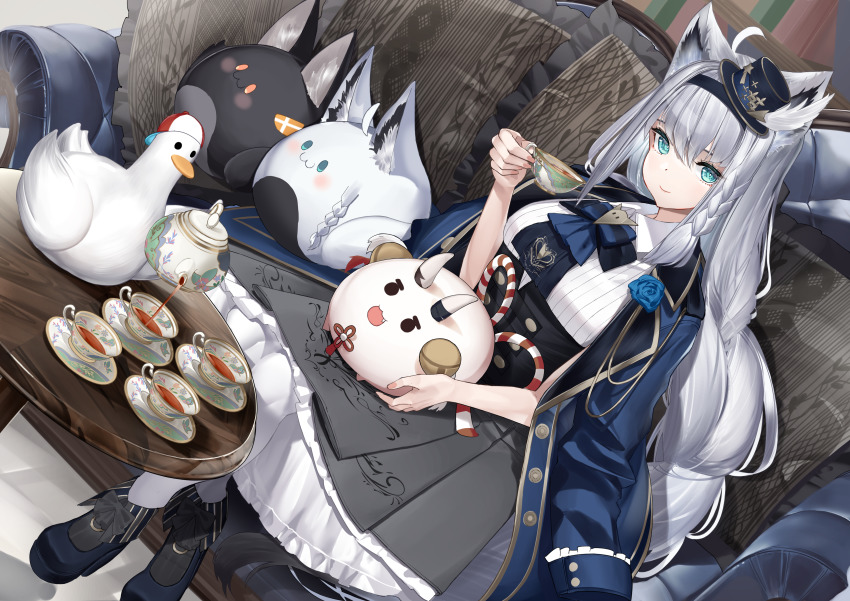 1girl, absurdres, ahoge, animal_ear_fluff, animal_ears, ascot, bird, blue_ascot