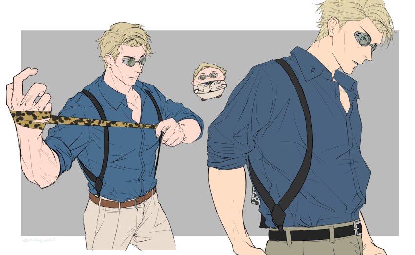 1boy, animal_print, artist_name, belt, blonde_hair, blue_shirt, border, brown_footwear, chibi, chibi_inset, closed_mouth, collarbone, collared_shirt, cowboy_shot, cropped_legs, flat_color, forehead, from_side, glasses, goggles, green-tinted_eyewear, green_pants, grey-framed_eyewear, grey_background, hands_up, jacket, jpeg_artifacts, jujutsu_kaisen, leopard_print, looking_up, male_focus, multiple_views, nanami_kento, necktie, unworn_necktie, outside_border, pants, pince-nez, sano_maru, shirt, shoes, short_hair, short_sleeves, signature, simple_background, sleeves_rolled_up, standing, suspenders, tinted_eyewear, twitter_username, upper_body, v-shaped_eyebrows, veins, white_border, white_jacket, white_pants, yellow_neckwear